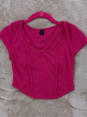 Hot Pink Ribbed Scoop Neck Short Sleeve Crop Top